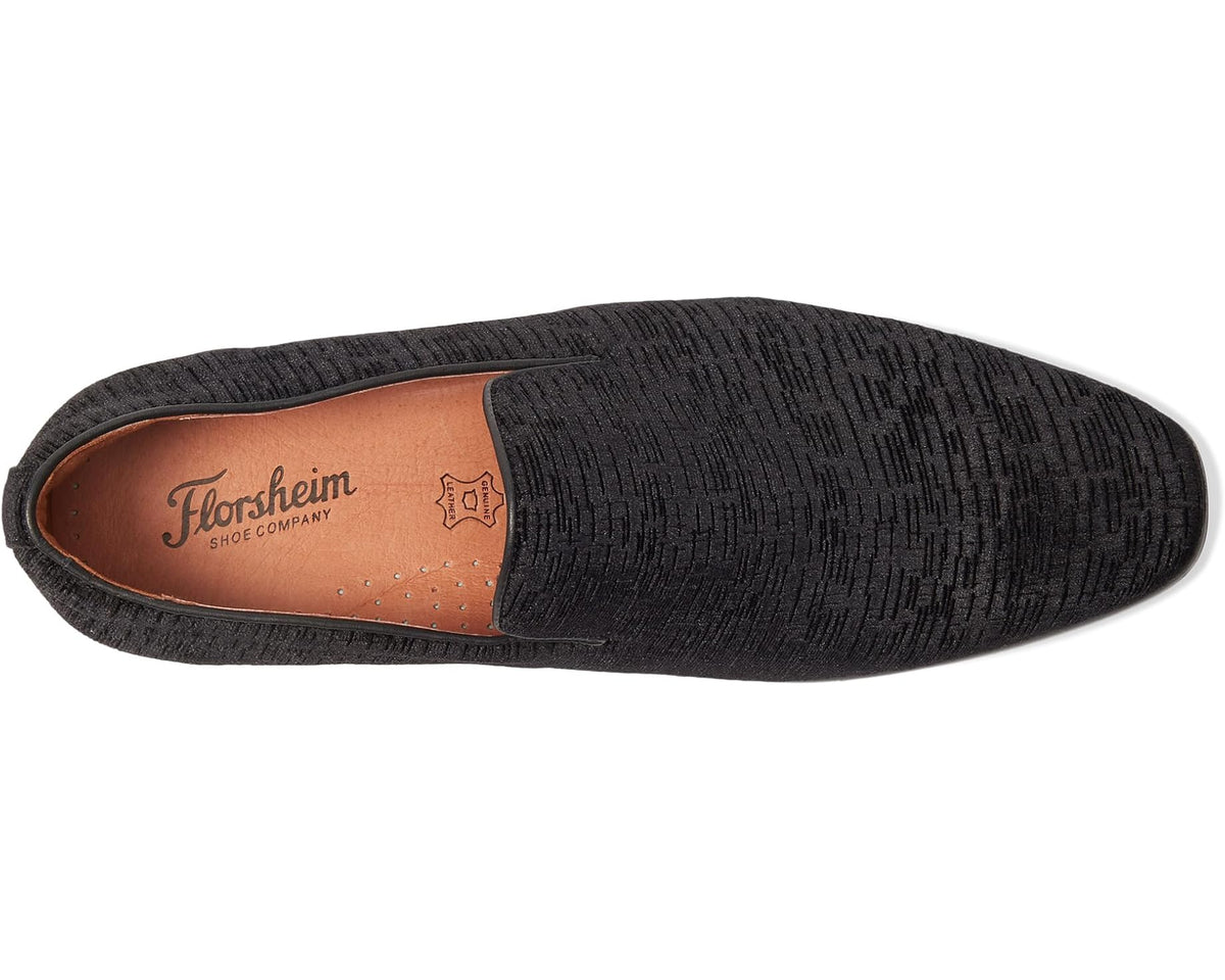 Black velvet slip-on loafer with plain toe; Florsheim logo on insole
