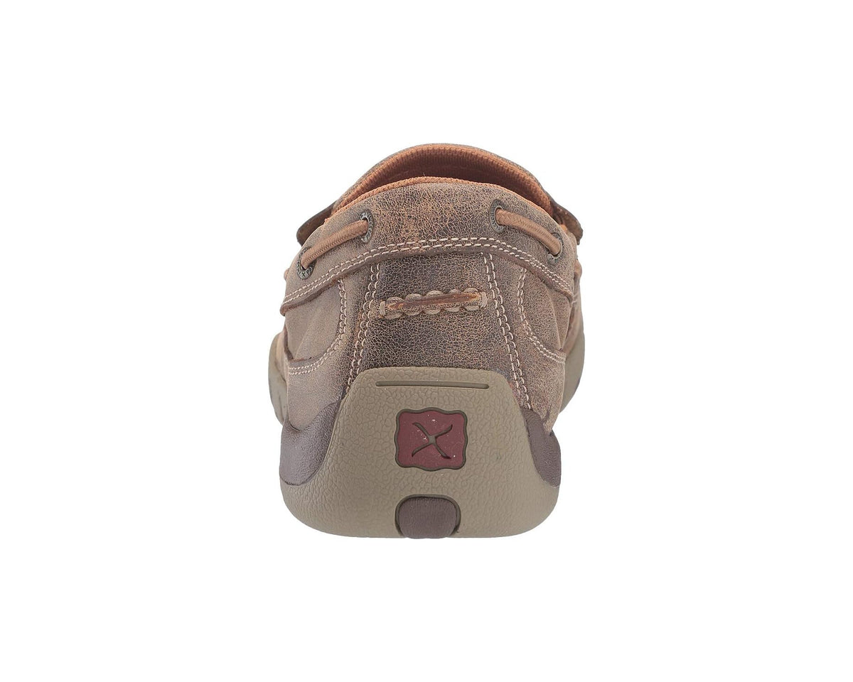 Back view of brown suede work shoe with heel tab and small brand logo patch