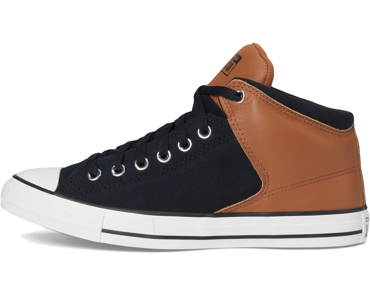 Converse high-top sneakers with black canvas, tan leather side panel, and white midsole