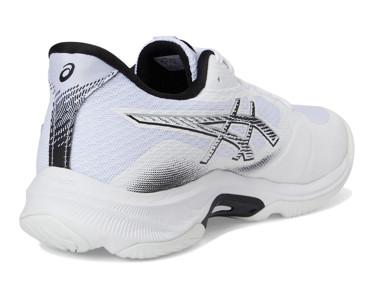 Men's ASICS shoe heel and tongue area, white mesh with black collar lining.