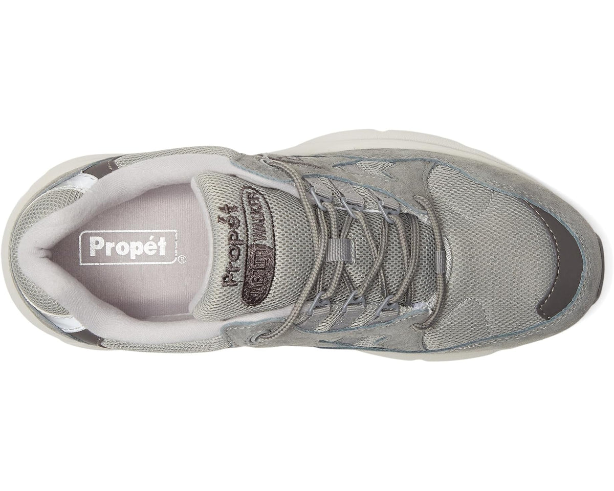 Grey lace-up sneaker showing cushioned tongue with Propet logo
