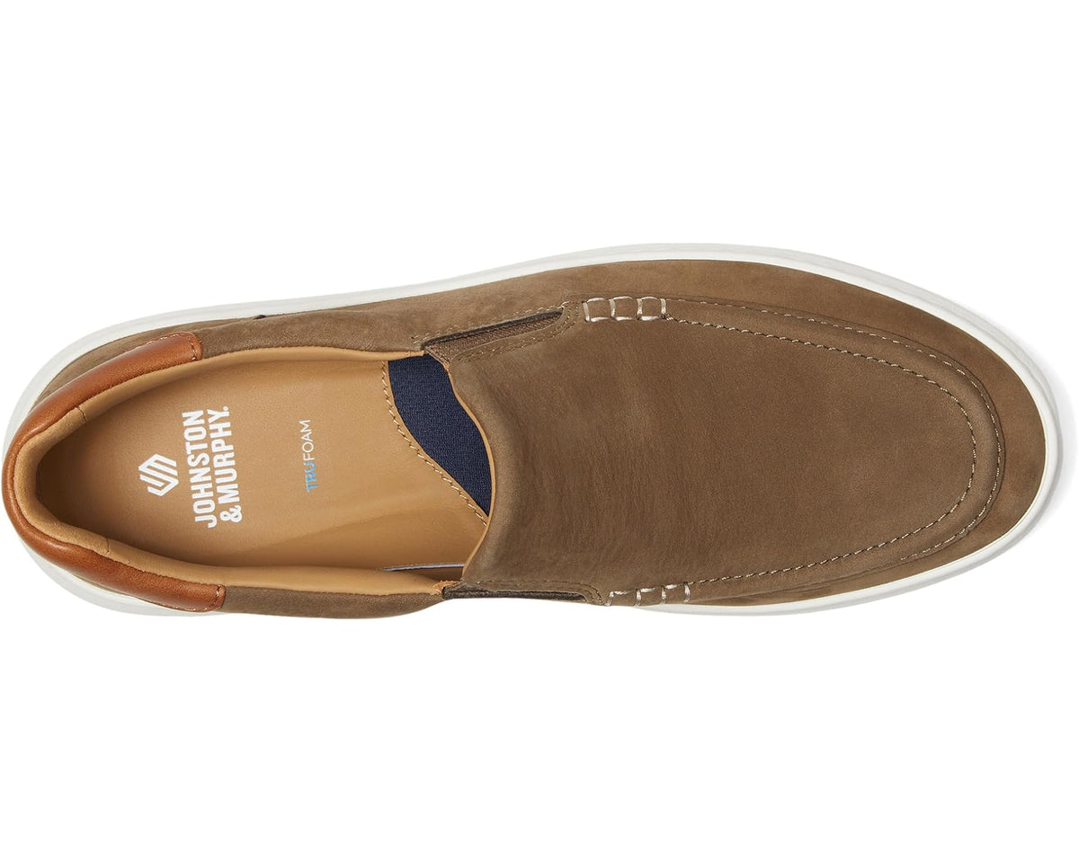 Taupe nubuck slip-on moc-toe shoe interior opening with visible stitching detail