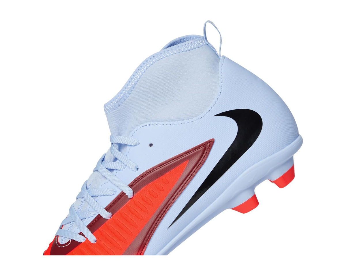 Close-up of light blue high-top soccer cleat with bright red stripe and black logo