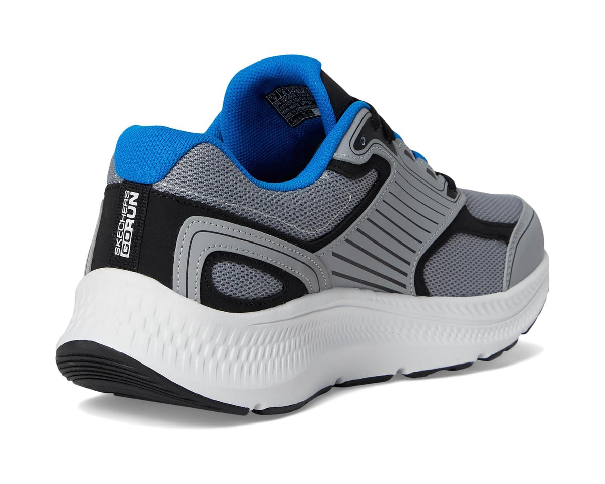 Men's SKECHERS running shoe heel with blue collar, grey mesh upper, and black trim