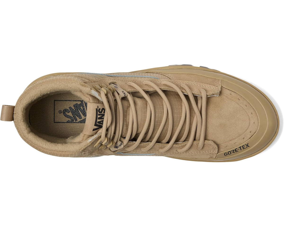 Beige high-top boot interior view with lace-up closure and Gore-Tex branding on tongue.