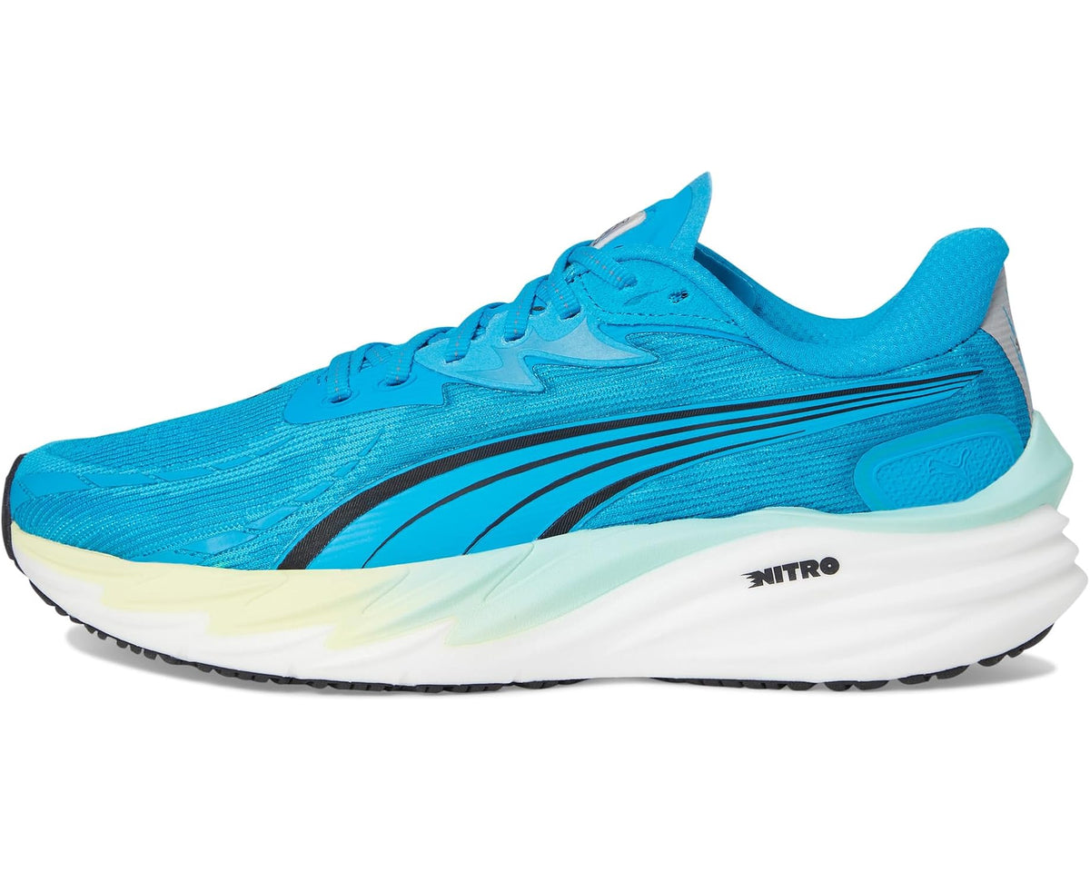 Blue lace-up running shoes with Nitro midsole and white side stripe