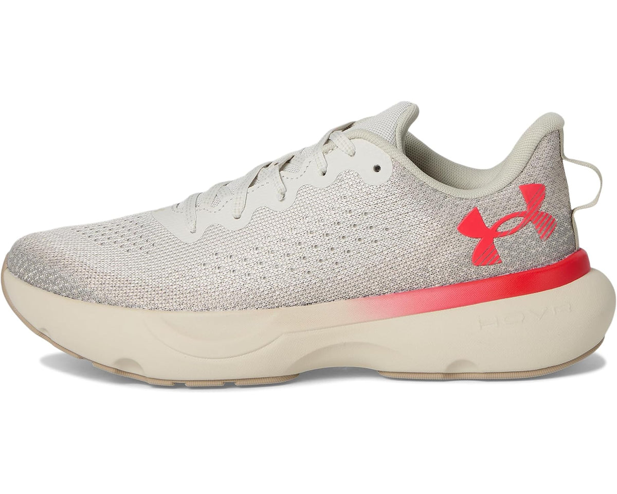 Men's Under Armour running shoes, light gray knit with red logo and cream sole