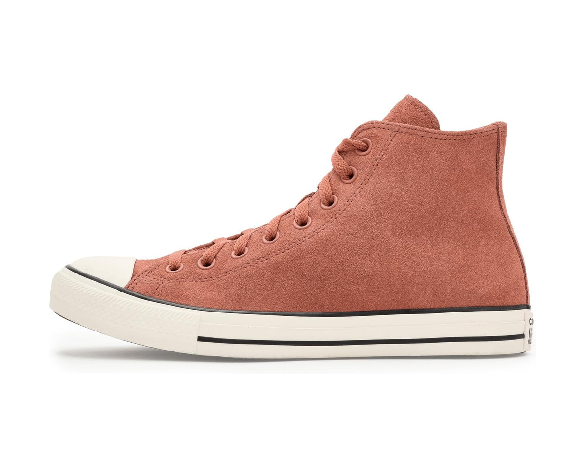 Burnt orange suede high-top sneaker with lace-up, white midsole, black side stripe
