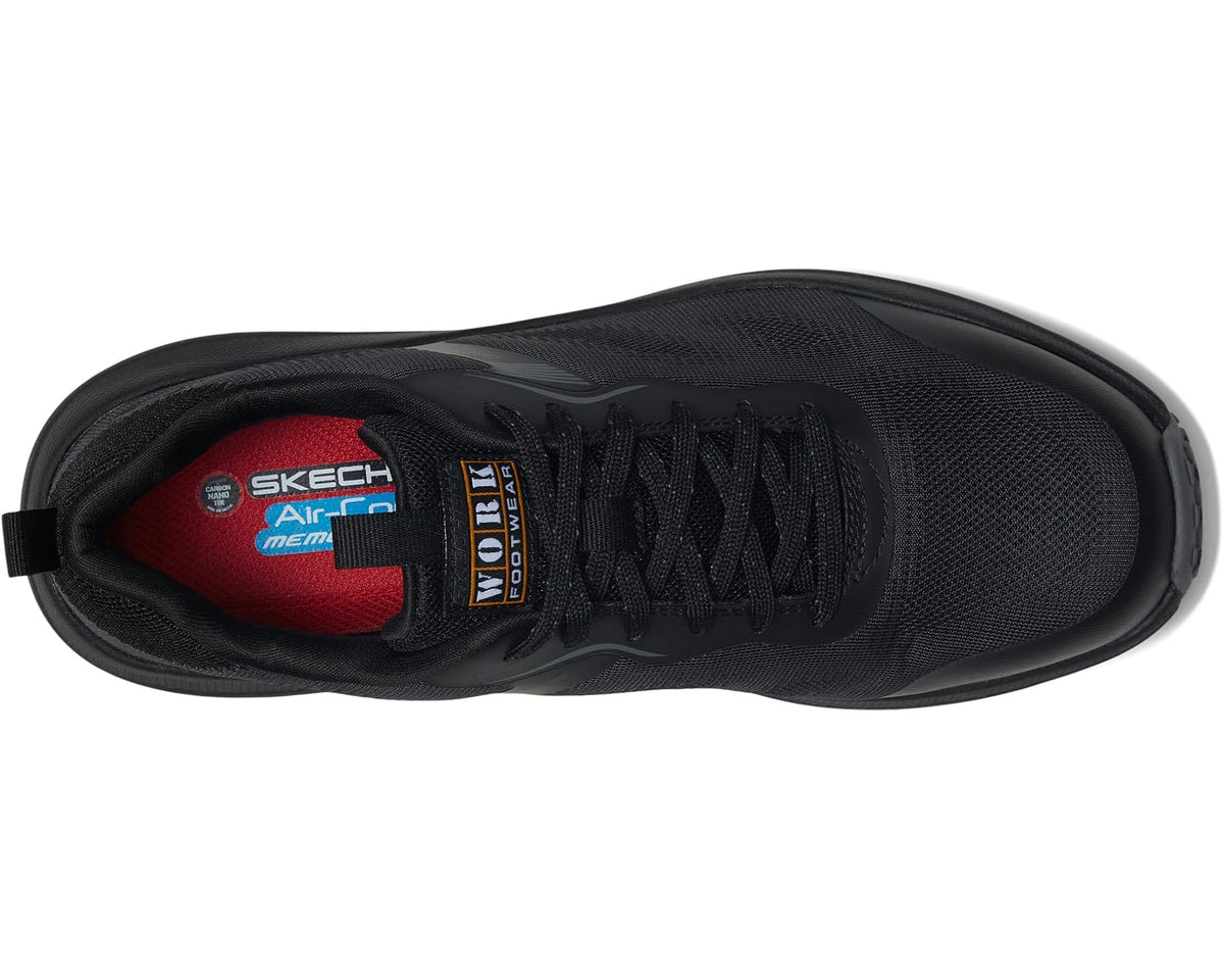 Men's SKECHERS black work shoe, toe and side view with logo label and textured upper