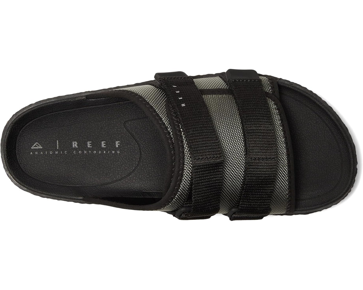Olive and black slide sandal with textured footbed and AIREFF branded insole
