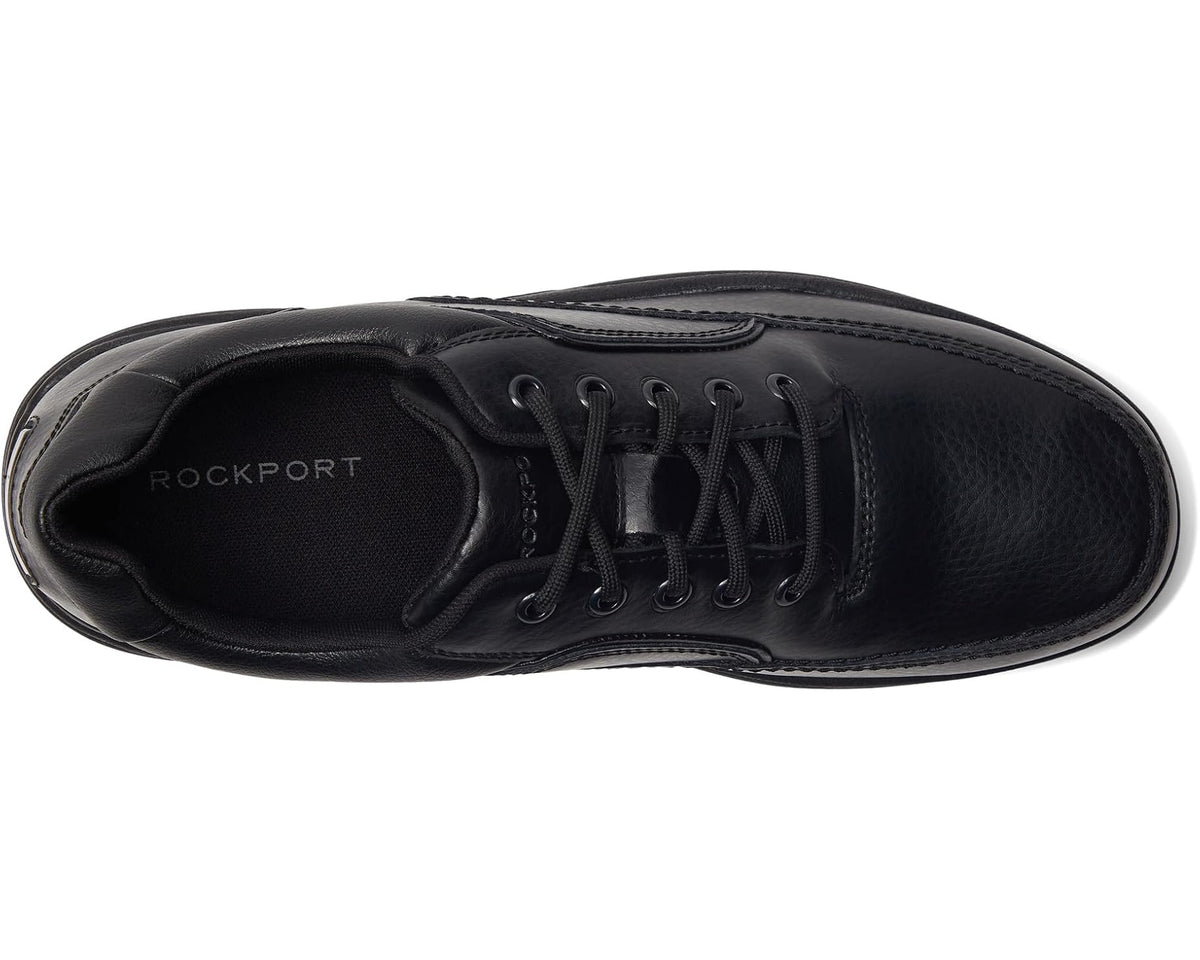 Rockport logo on black leather shoe tongue, lace-up front with eyelets