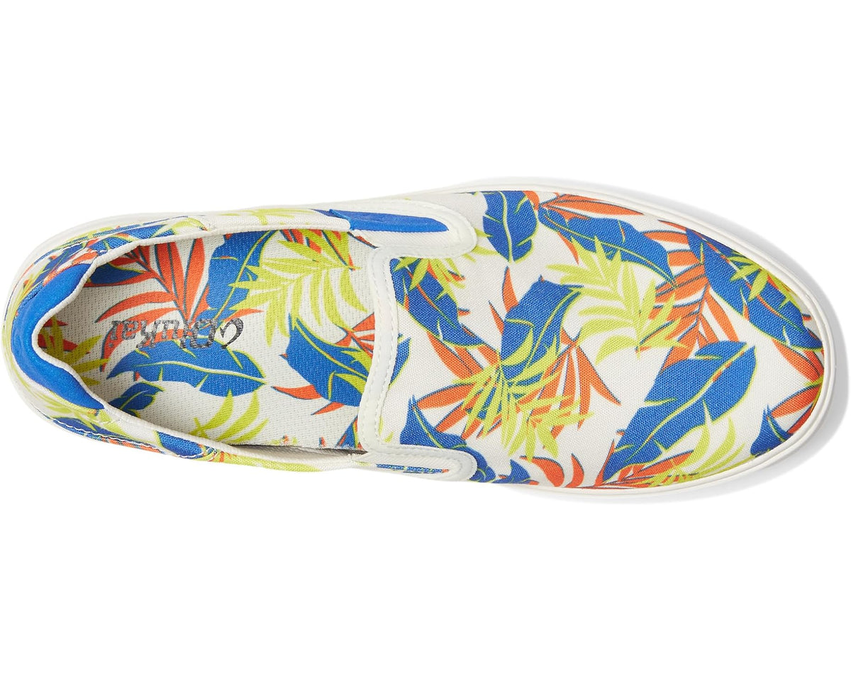 Slip-on sneaker with tropical print canvas upper and white rubber toe cap