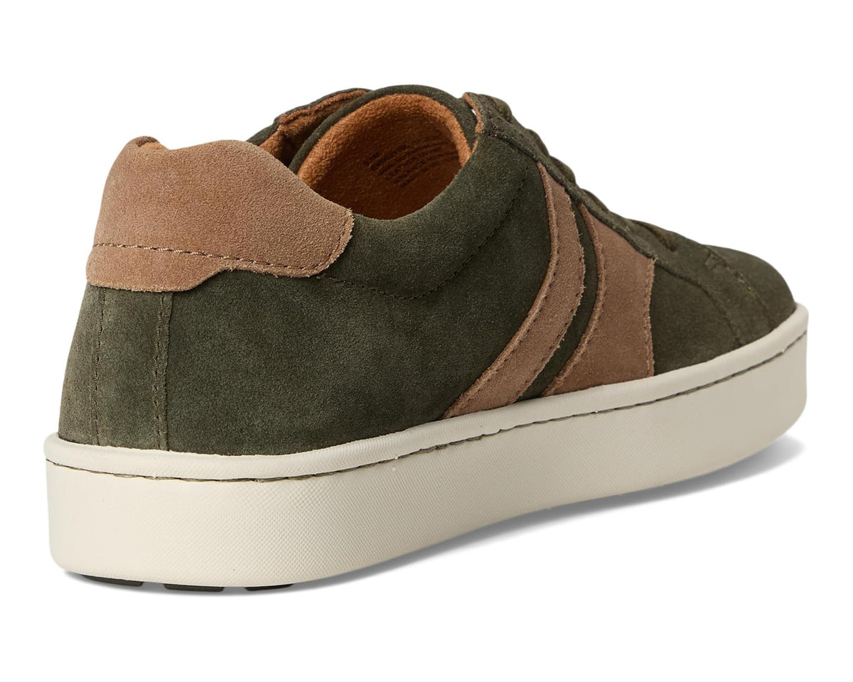 Men's Born suede low-top sneakers with dark green heel and taupe accent overlays