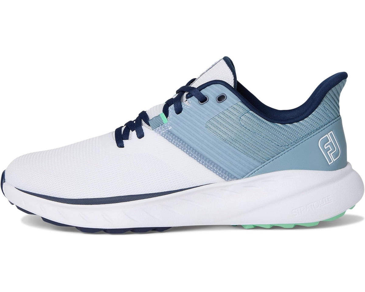 Men's white and blue lace-up golf shoe with cushioned midsole