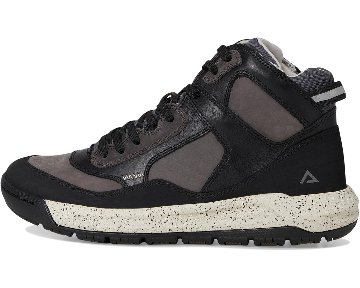 Black and gray high-top lace-up sneaker with speckled midsole and side strap