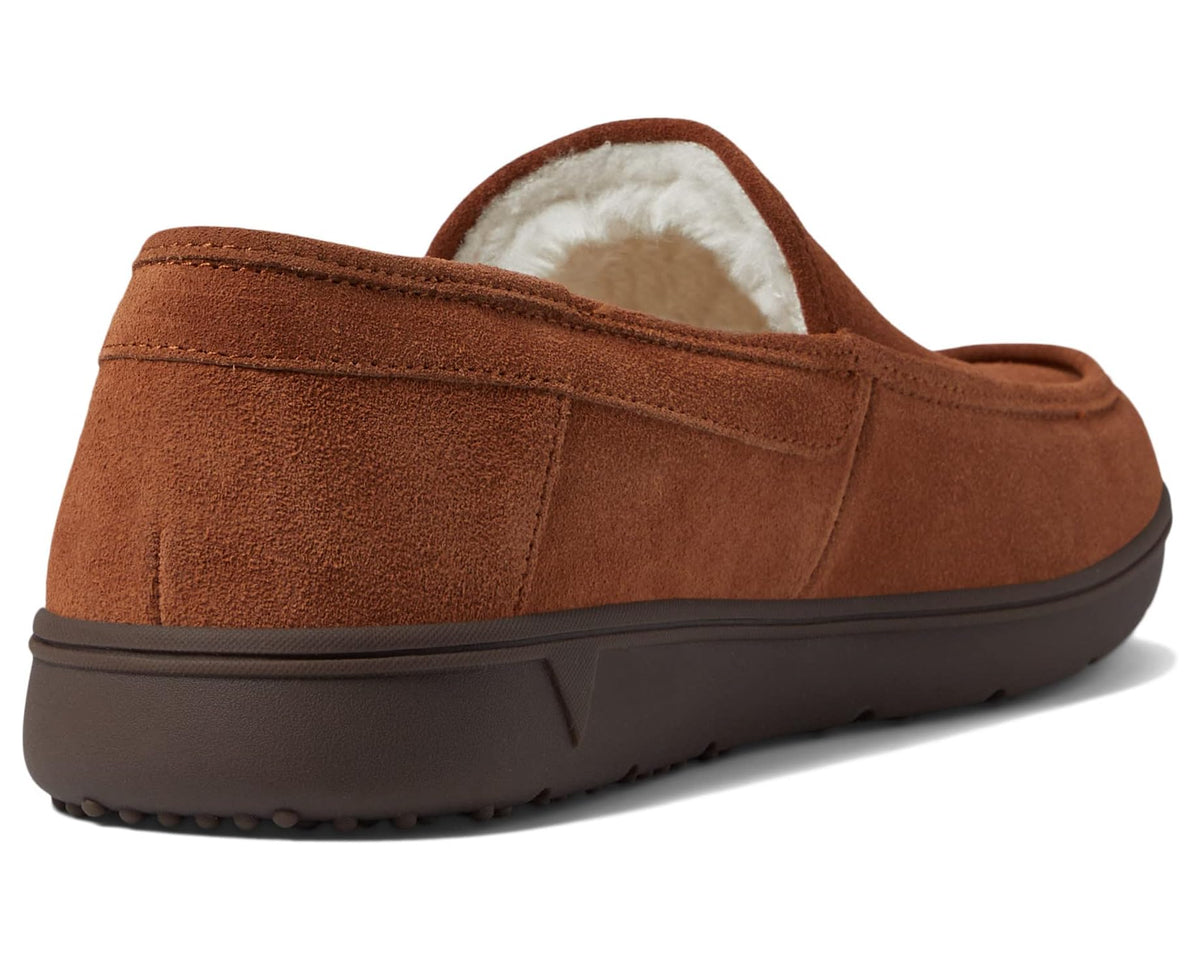 Men's suede slip-on loafer in toffee brown with soft white lining at heel