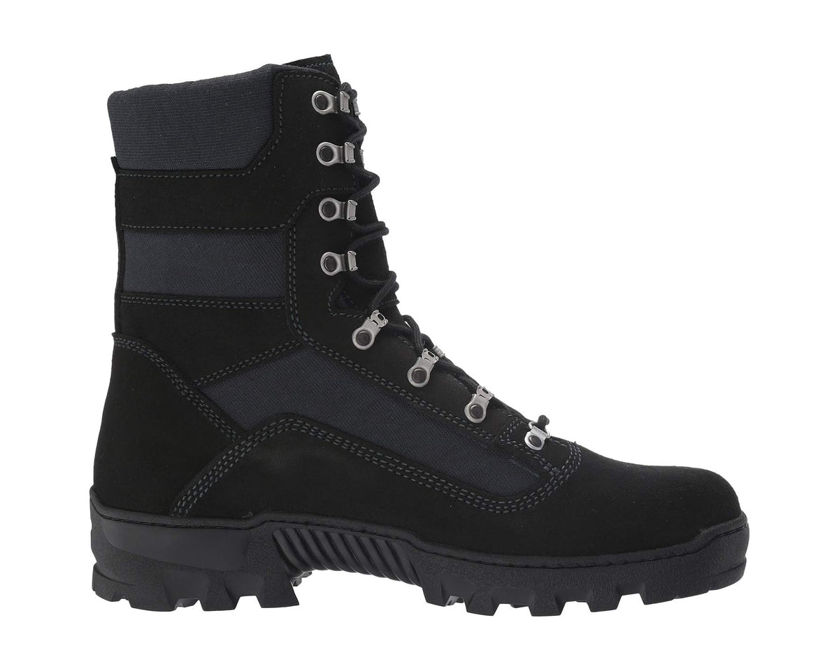 Black lace-up ankle boot profile with thick tread and metal eyelets
