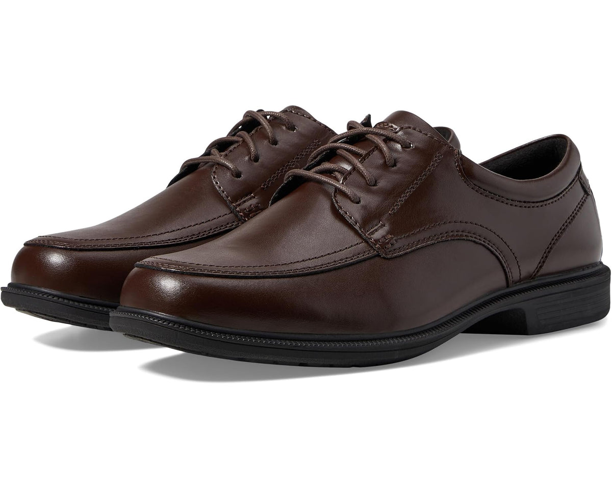Brown leather lace-up moc toe oxford shoes with black rubber sole