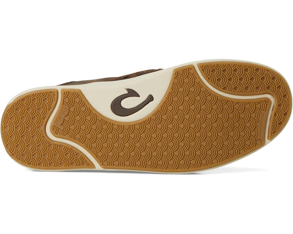 Dark brown woven loafer with patterned rubber outsole and white midsole