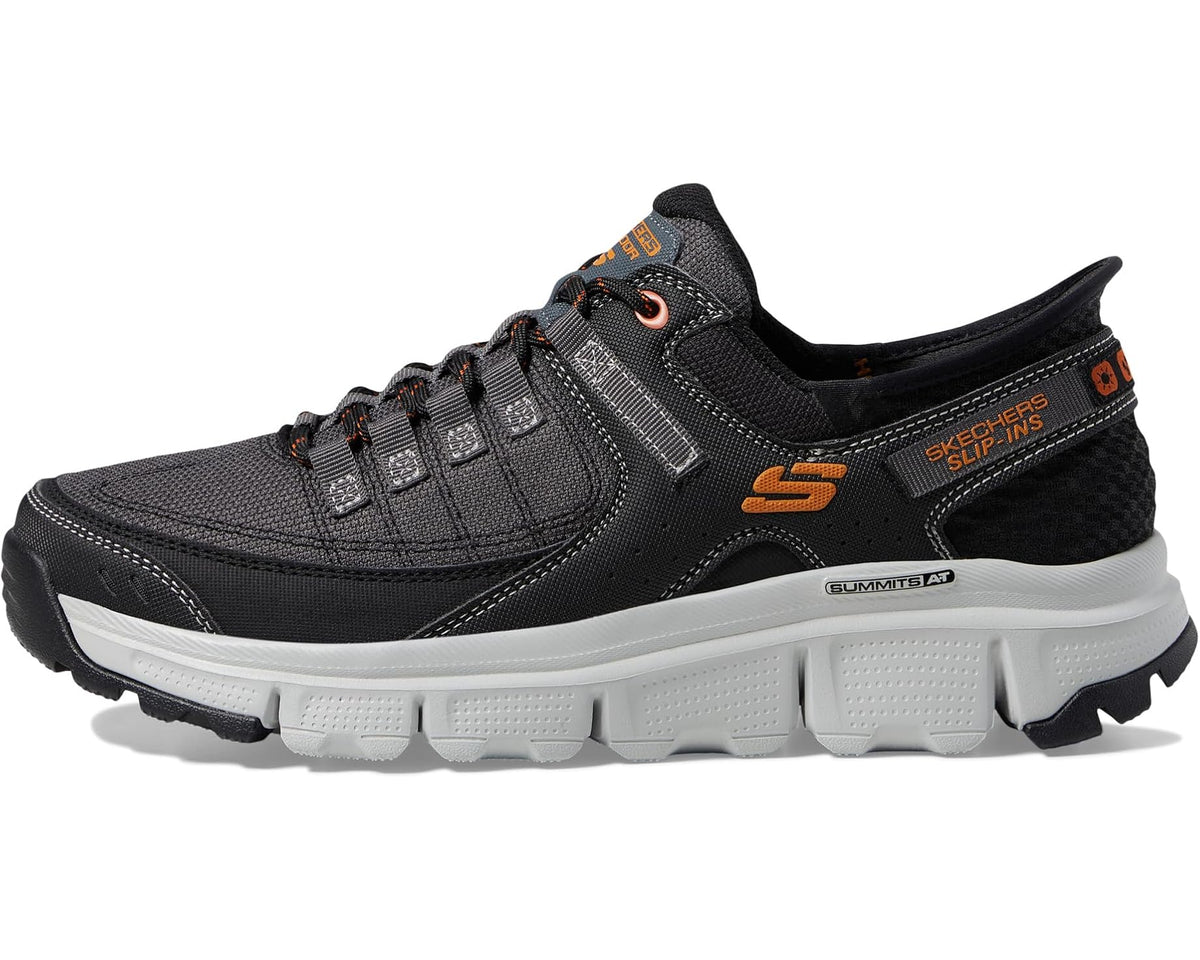 Men's SKECHERS Summits AT grey slip-in sneaker side profile with orange accents