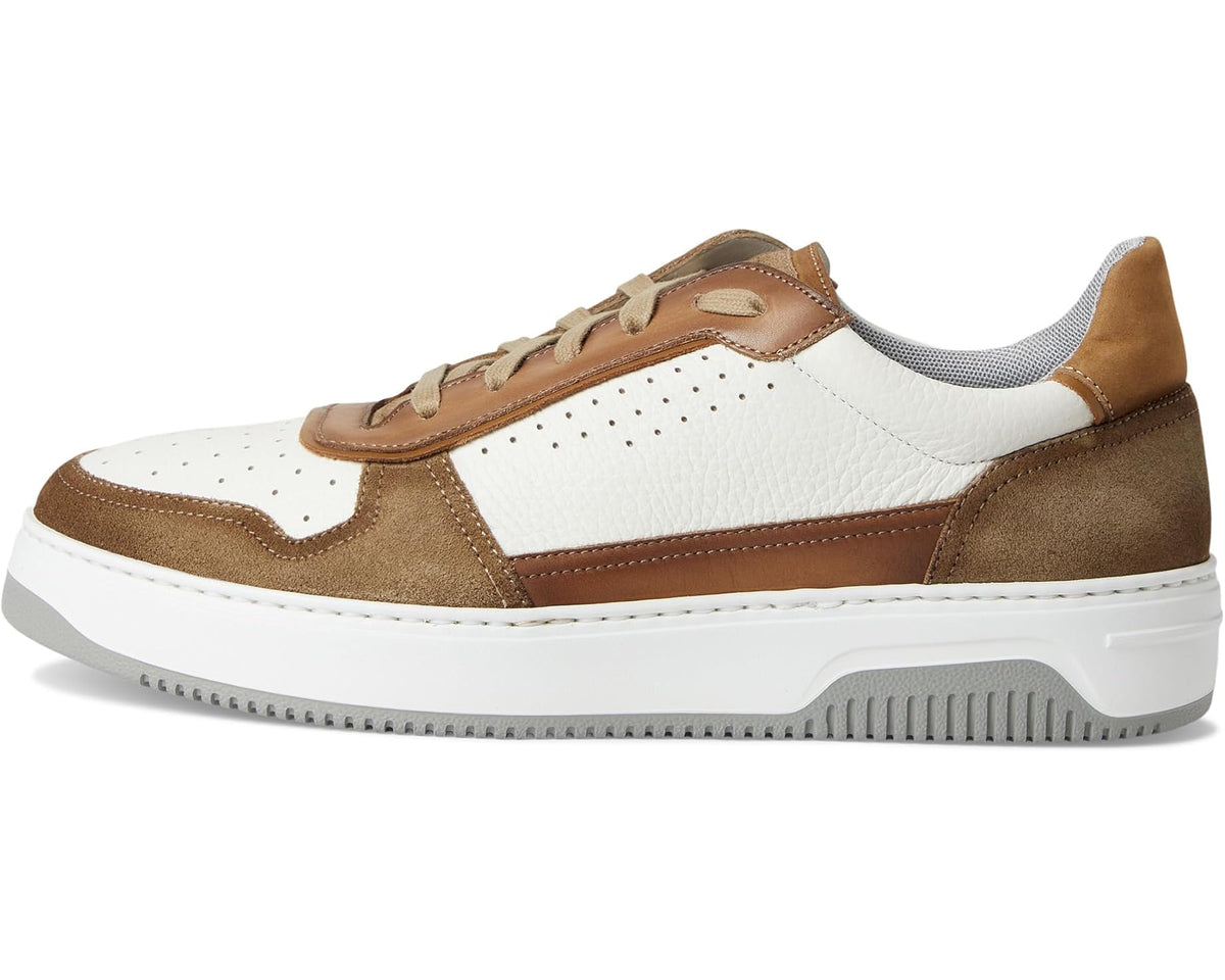 Men's Magnanni low-top sneaker, white and brown panels with beige laces and cushioned collar