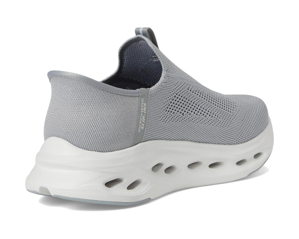 Men's SKECHERS slip-on sneaker, grey heel collar and white sole with oval vent cutouts