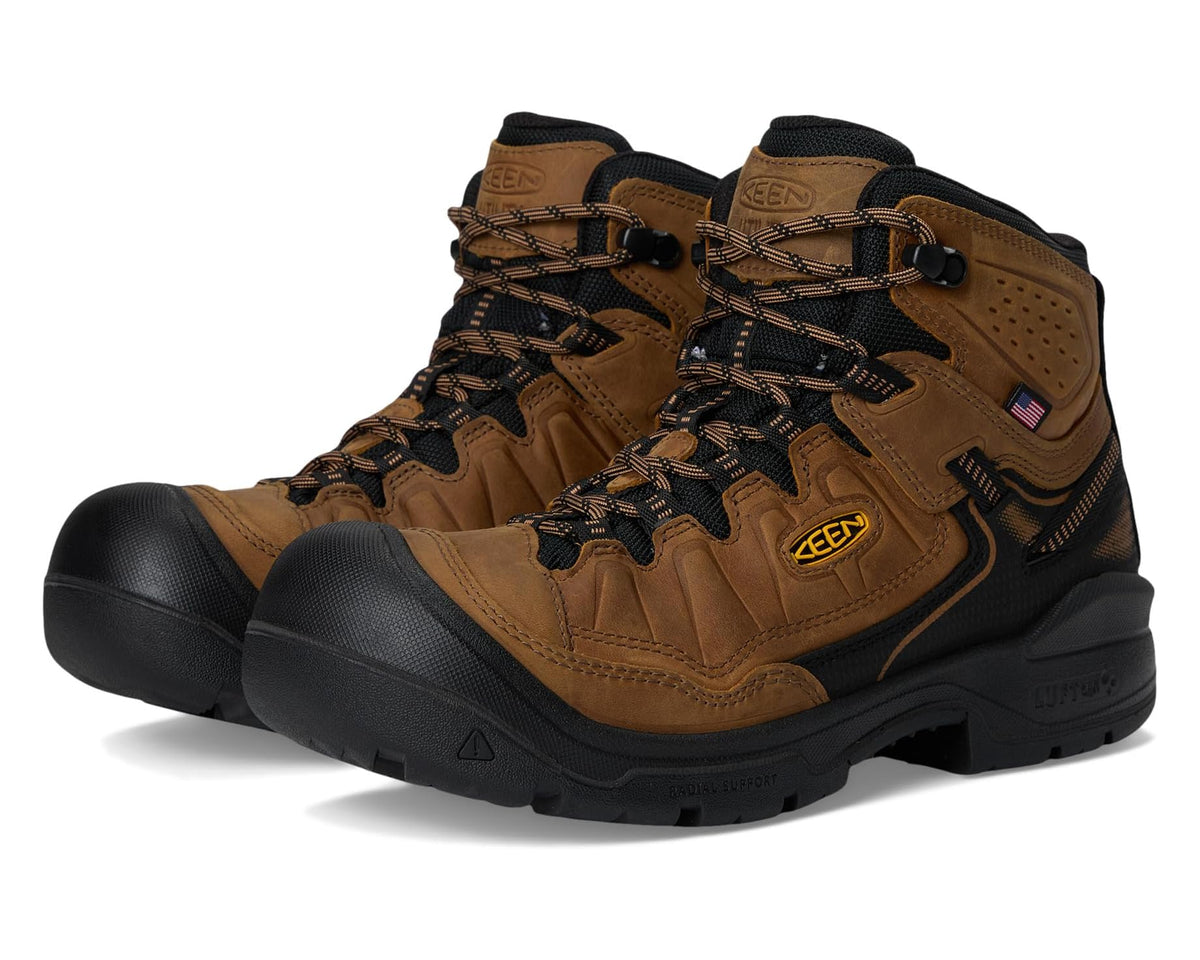 Men's KEEN waterproof work boot with black carbon toe, tan leather upper and laces