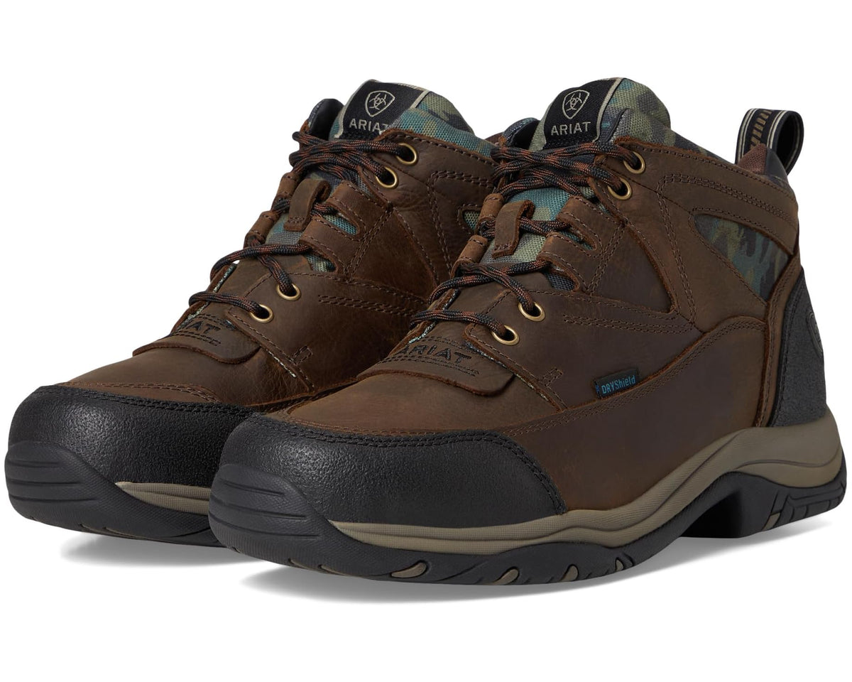 Men's waterproof lace-up boot in dark brown with camo collar and rugged rubber sole