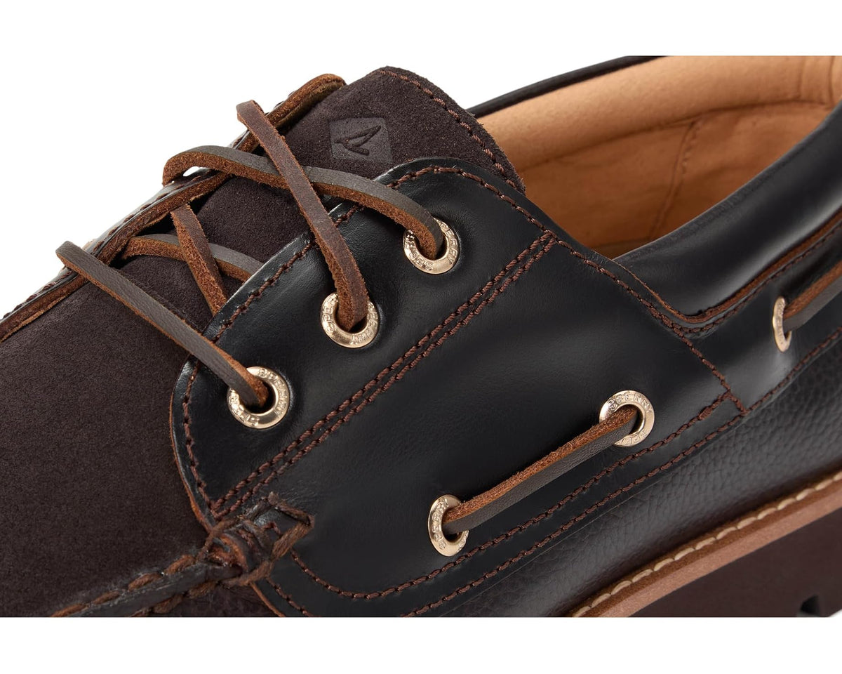 Men's Sperry Newton 3-eye dark brown boat shoe, close-up of laces and stitched upper