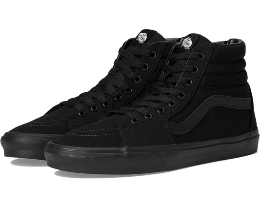 Black canvas high-top sneakers with lace-up front and rubber toe cap.
