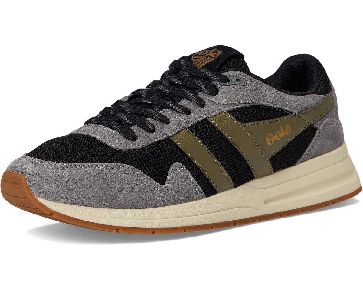 Gola Delta men's lace-up sneakers with gray and black uppers and khaki stripes