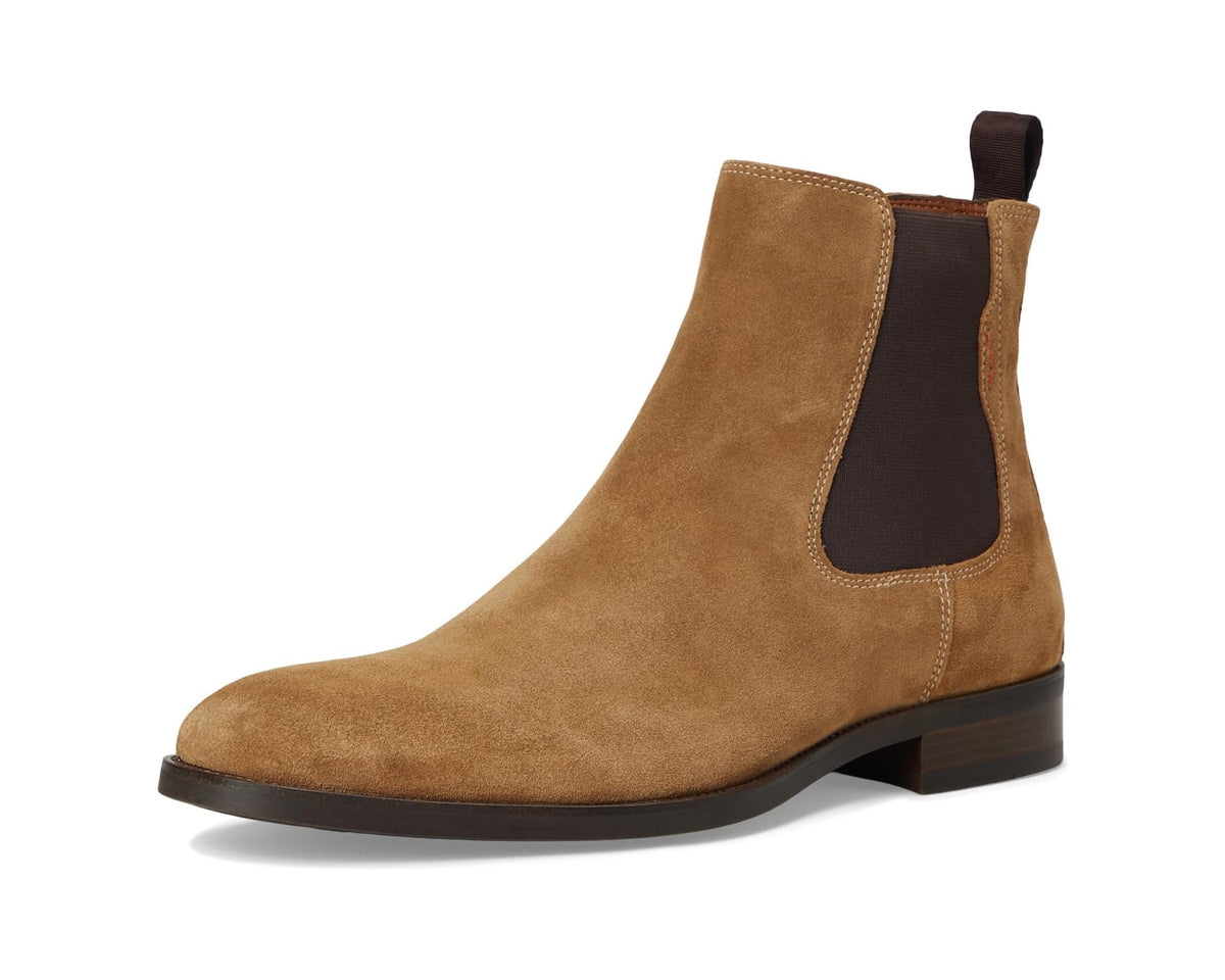 Tan suede Chelsea boot with elastic side gore and low dark block heel
