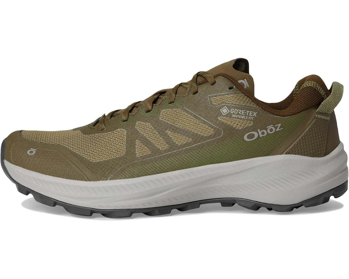 Men's low GTX trail shoes, olive/khaki upper with Gore-Tex logo and white sole
