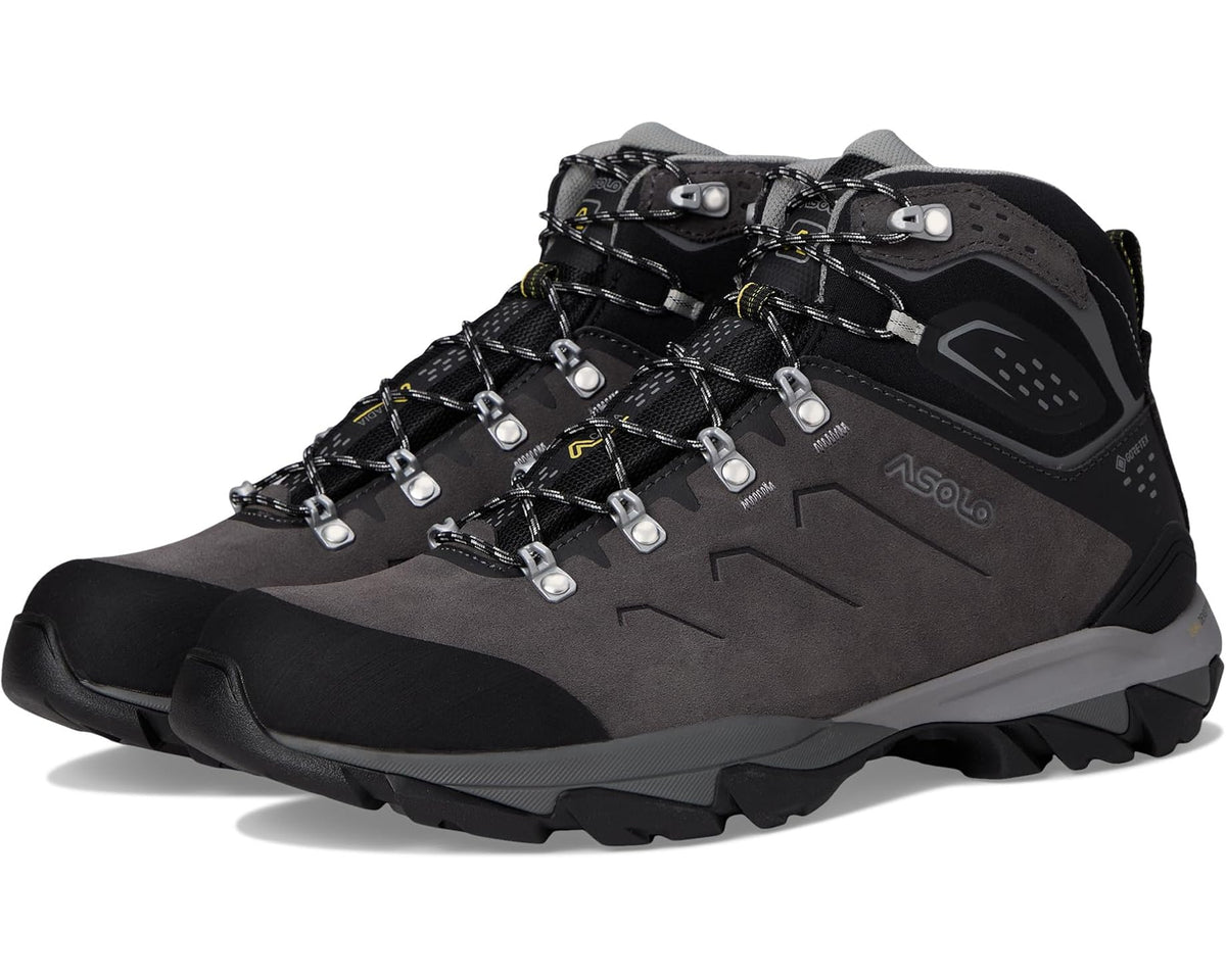 Men's Asolo mid-cut hiking boot, graphite and black, lace-up with rugged sole