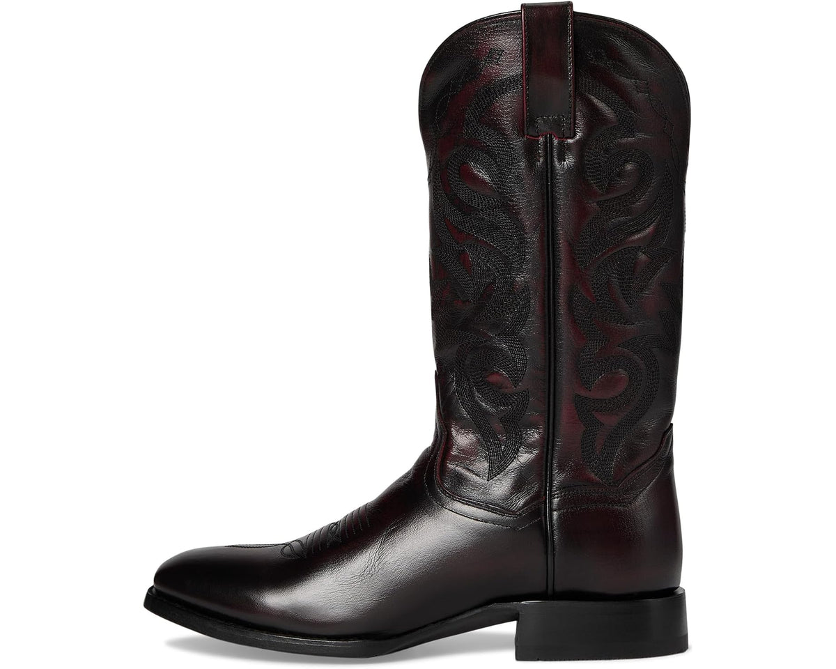 Tall black cherry cowboy boots with embroidered shaft and side zipper