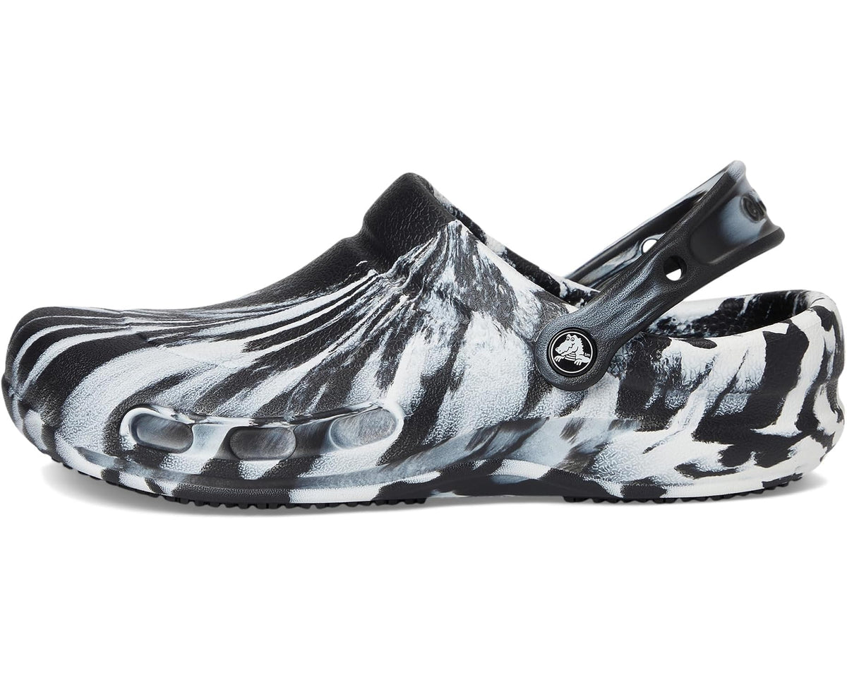 Unisex Crocs work clog, black-and-white zebra print upper with ventilation cutouts.