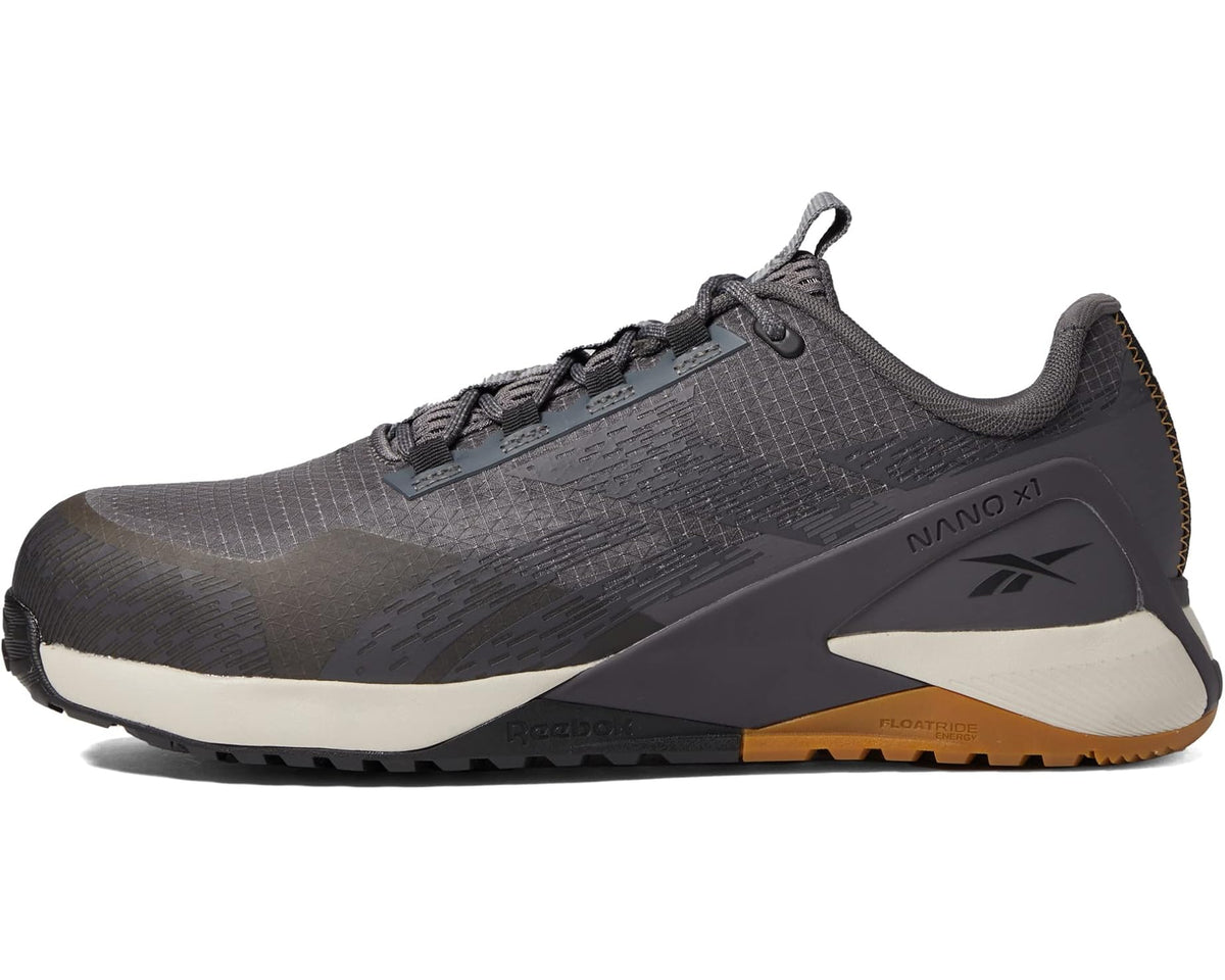 Men's Reebok work shoe, grey/black side panel with lace-up and traction sole