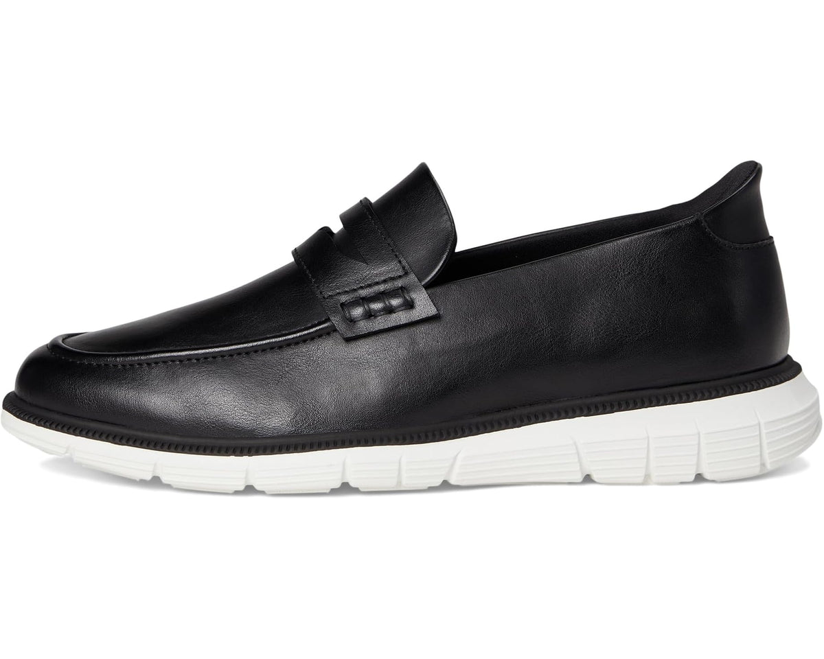 Men's black leather slip-on loafer with strap across vamp and white platform sole