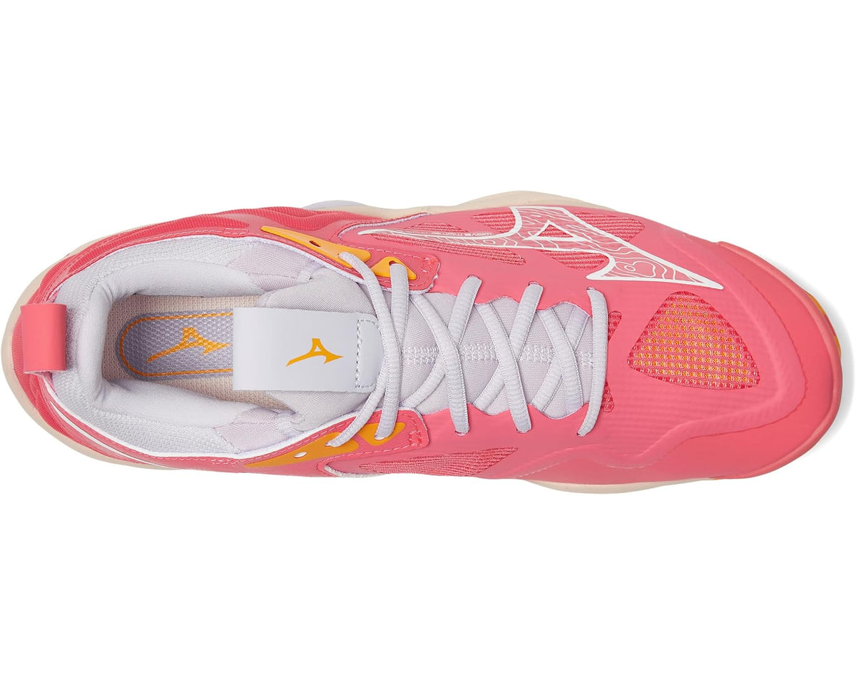 Unisex Mizuno Wave Momentum 3 running shoe, side view with gray laces and pink tongue.