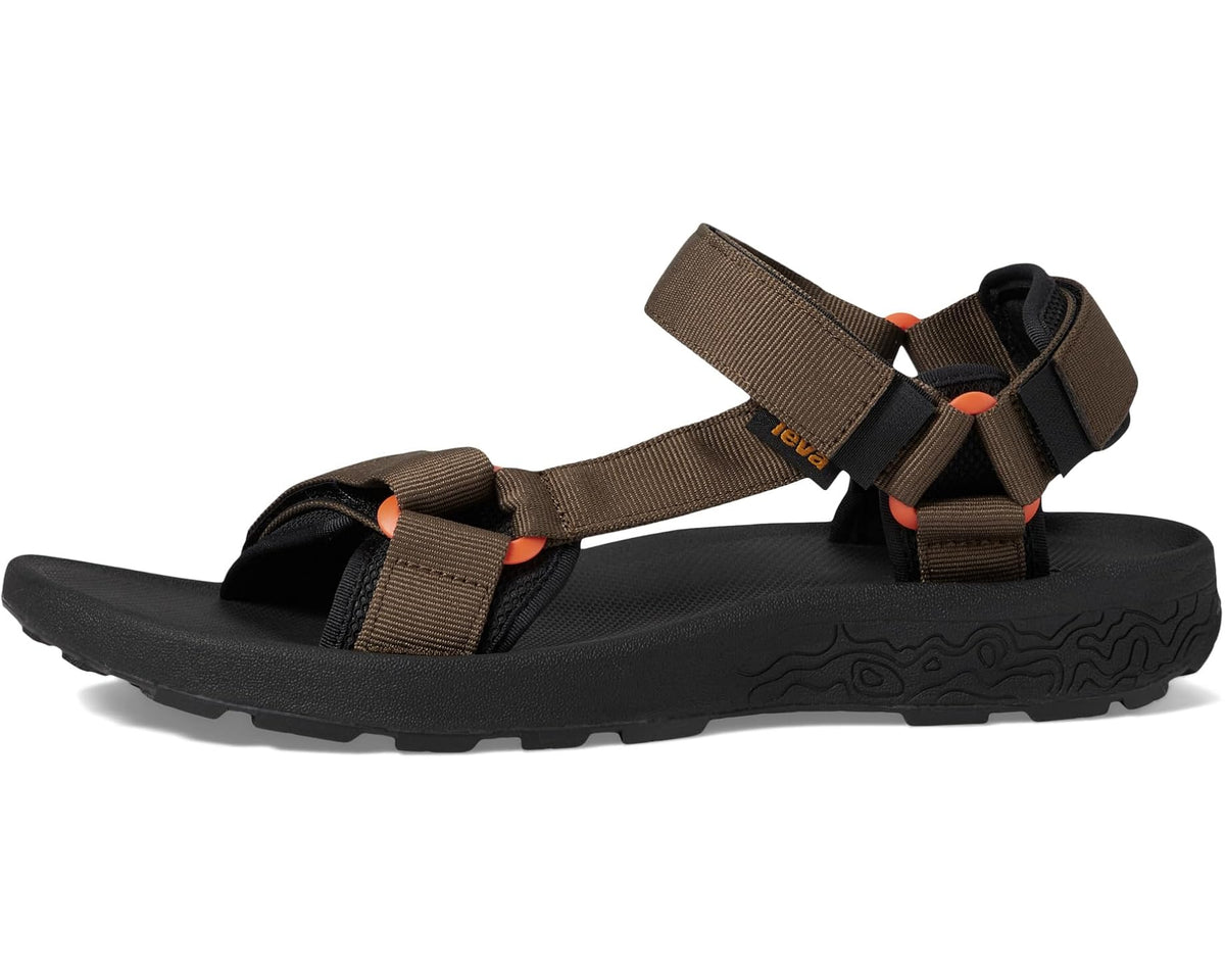 Men's hiking sandals with brown straps over black sole and toe loop, orange accents.