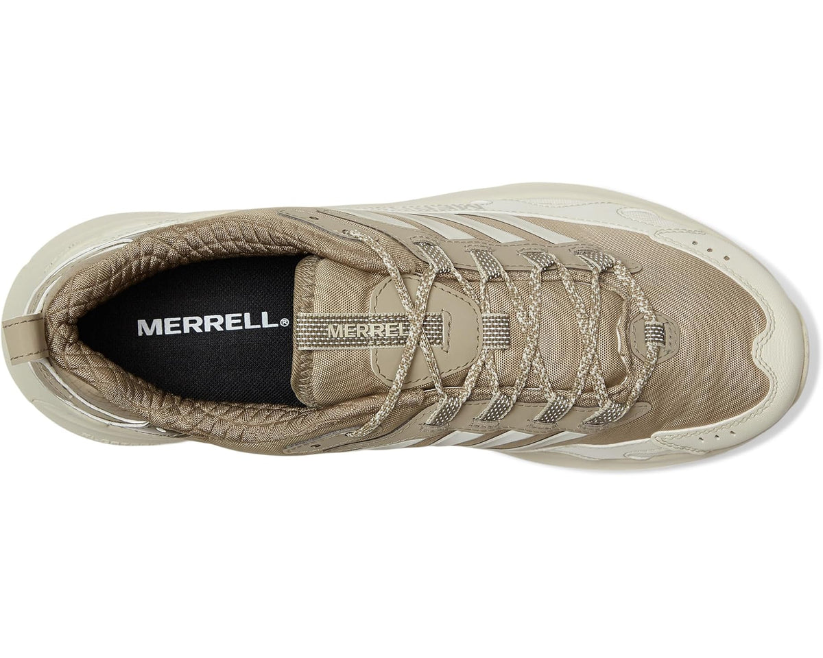 Men's Merrell sneaker: tan upper, mesh tongue, lace-up with padded collar