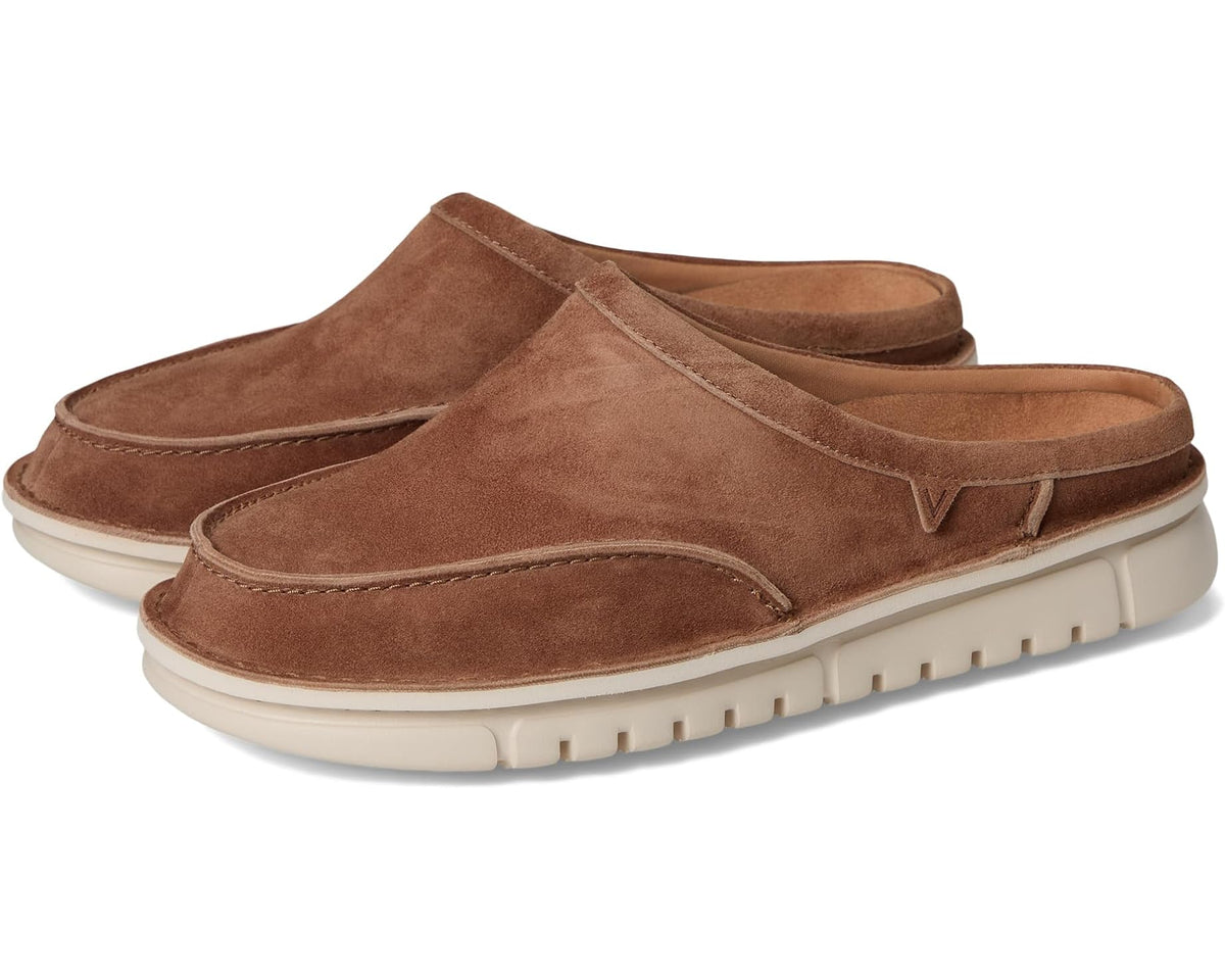 Suede slip-on mules in hazelnut brown with white cushioned outsole