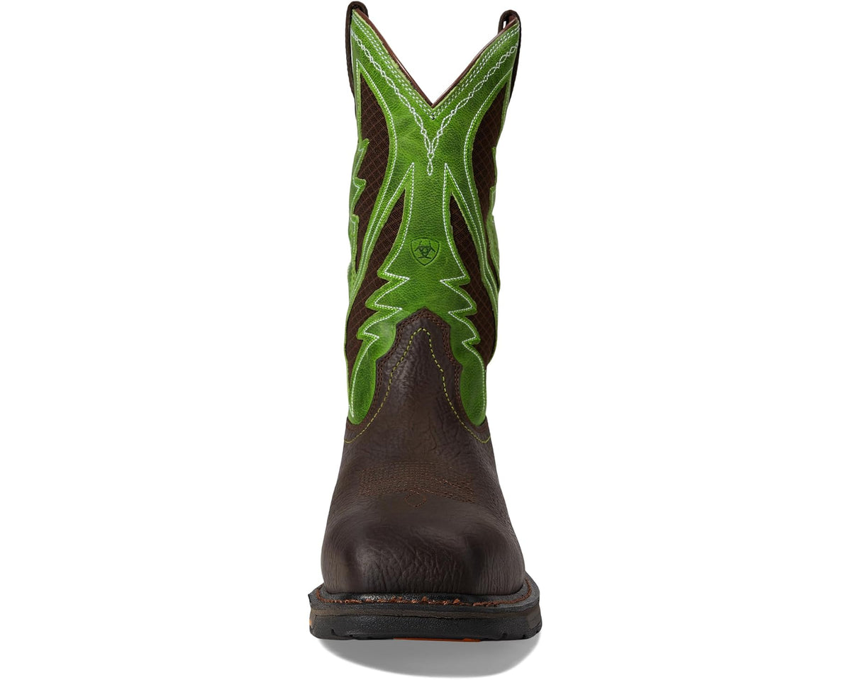 Ariat work boot with bright green shaft embroidery, dark brown leather, and square toe