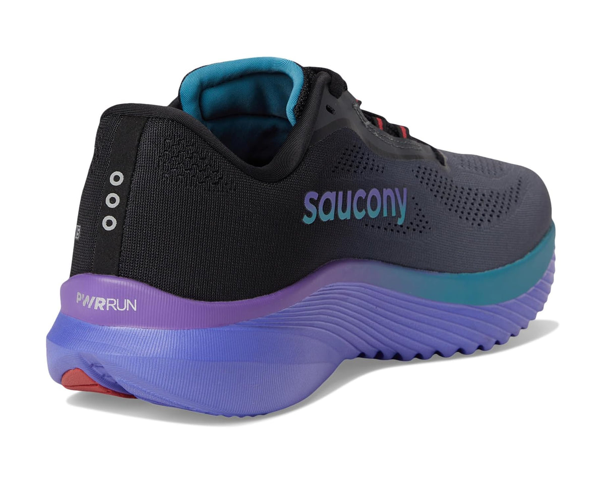 Men's dark gray heel with saucony branding, purple cushioning, and blue insole lining