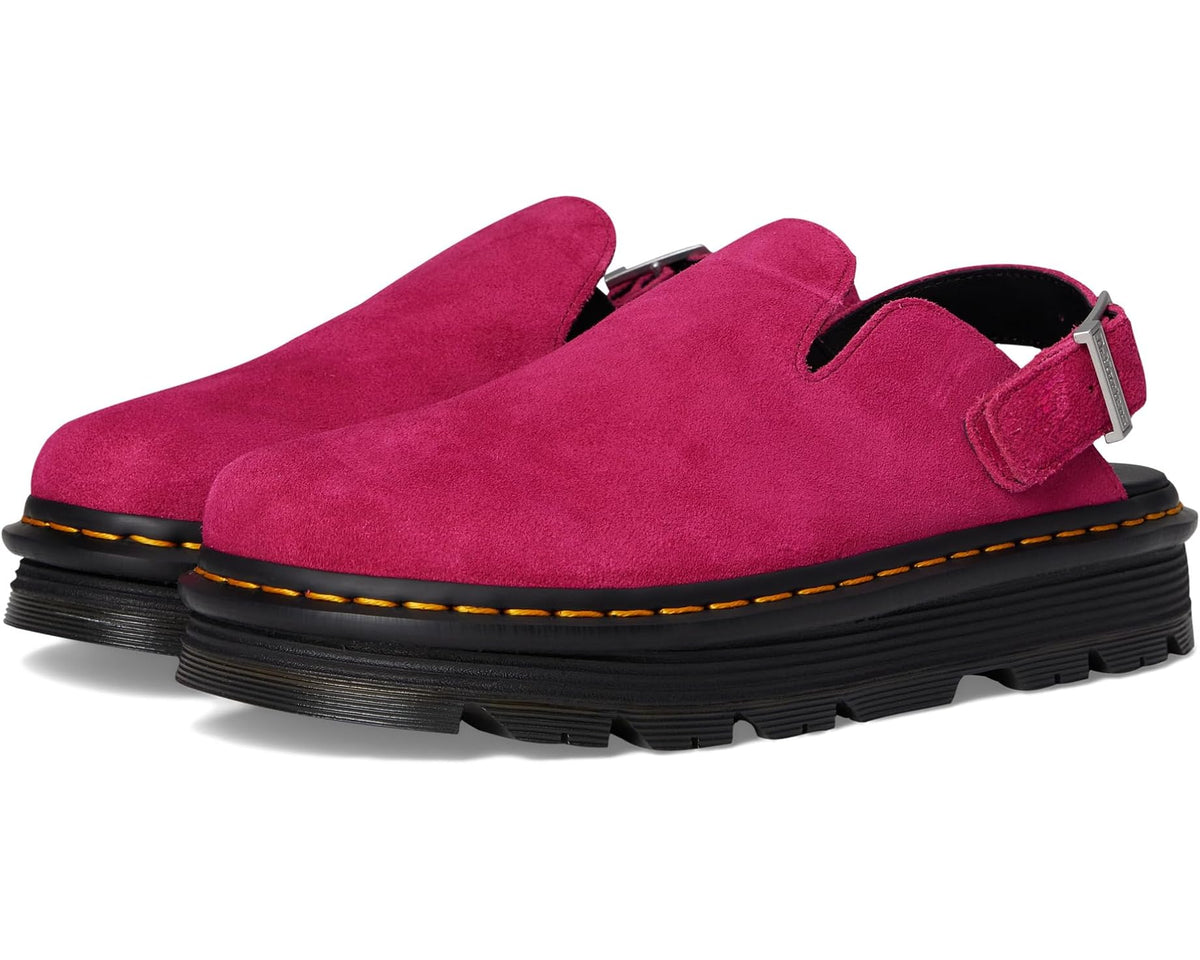 Fuchsia pink suede mule with adjustable side strap and chunky black sole
