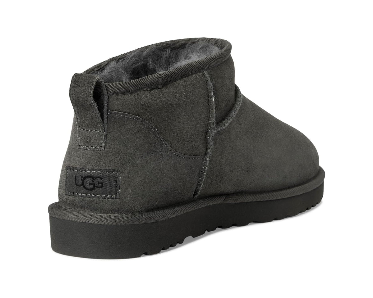 UGG dark gray suede ankle boot heel with logo patch and pull tab