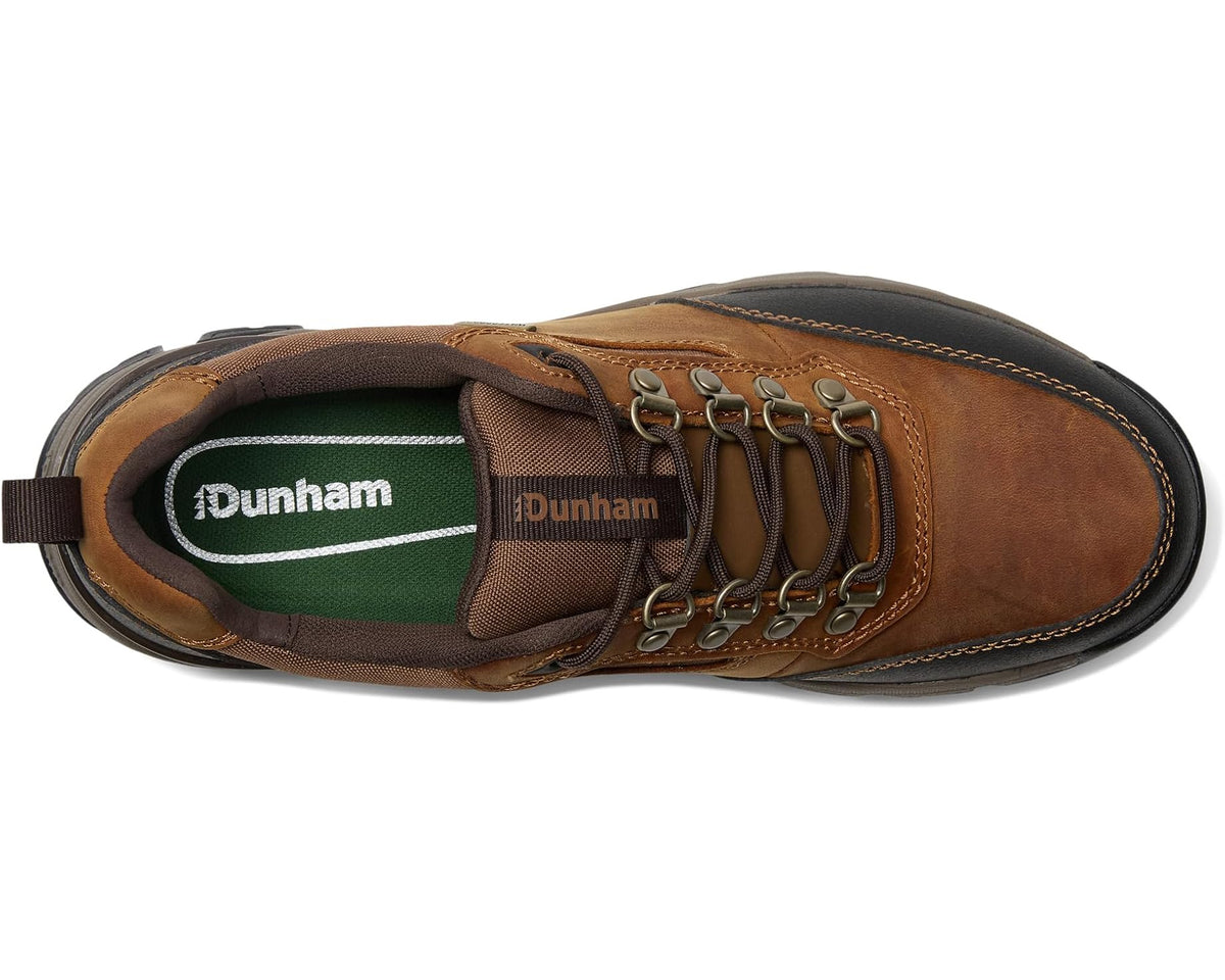 Lace-up work shoe with green logo lining, metal lace hooks, and brown upper