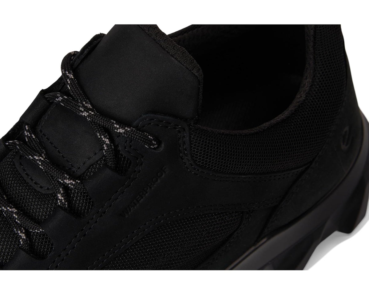 Black close-up of lace area and stitched nubuck overlays with cushioned tongue