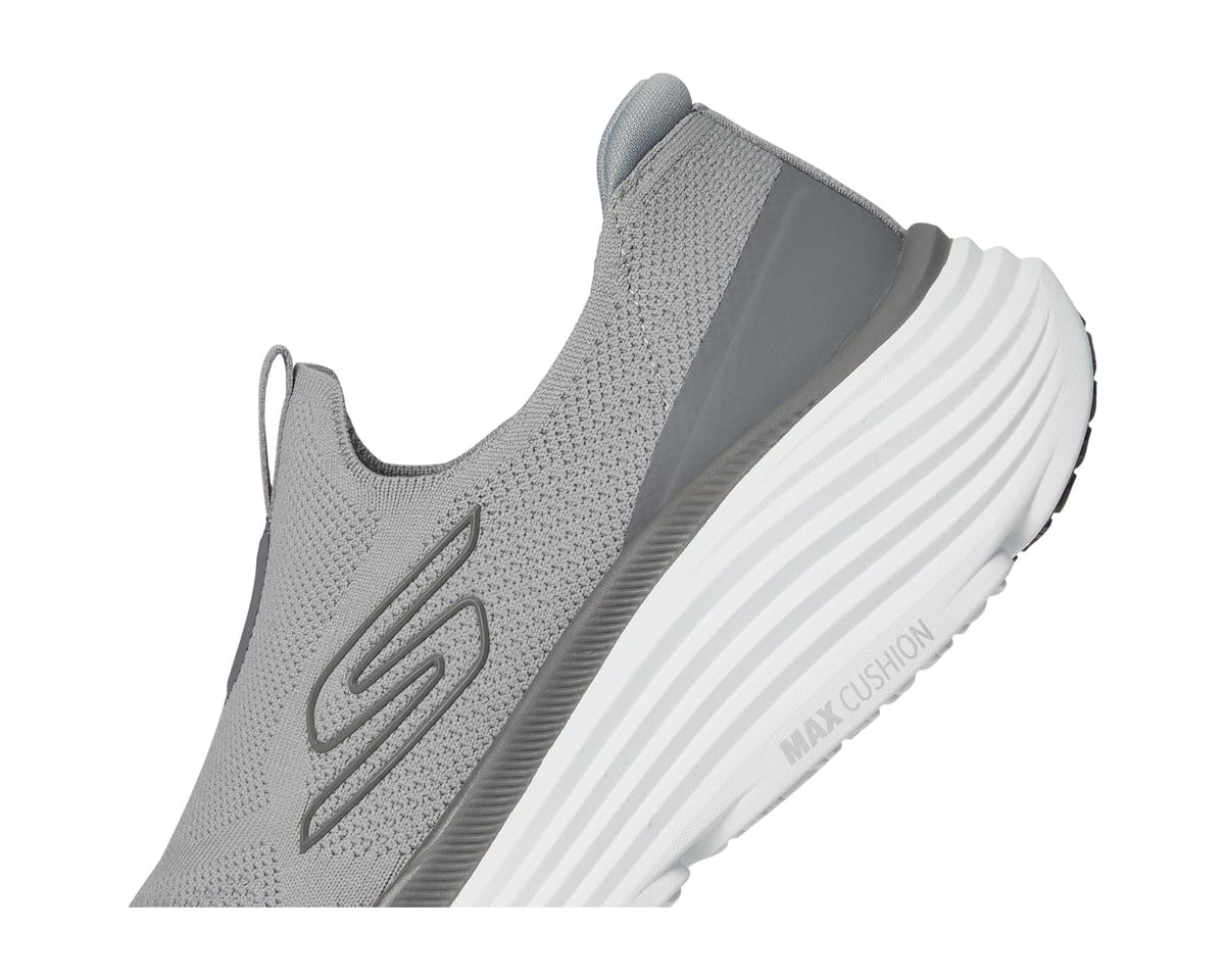 Gray SKECHERS sock-style shoe with side S logo and white Max Cushion sole