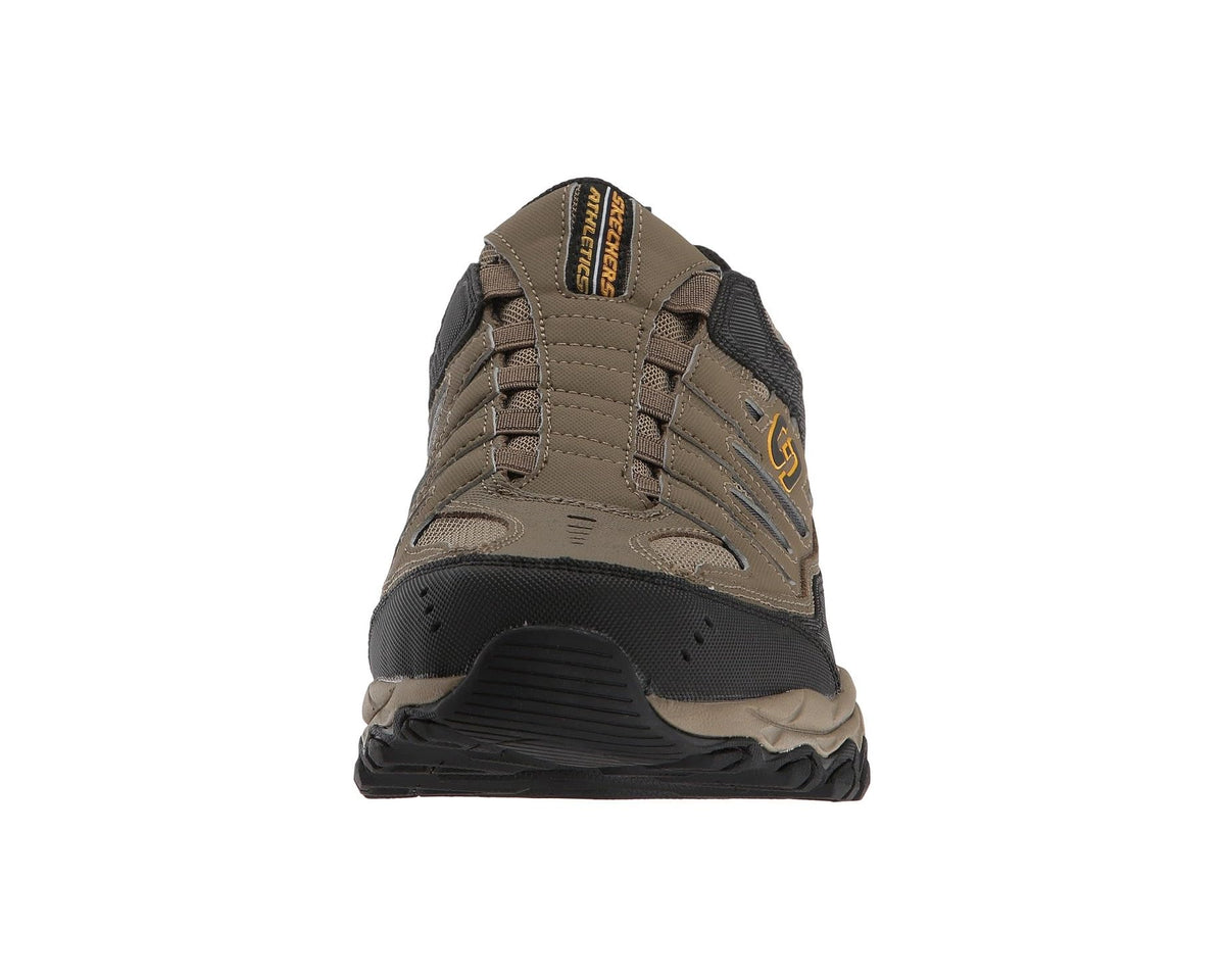 Men's Skechers After Burn sneaker toe view in pebble tan with black guard and laces